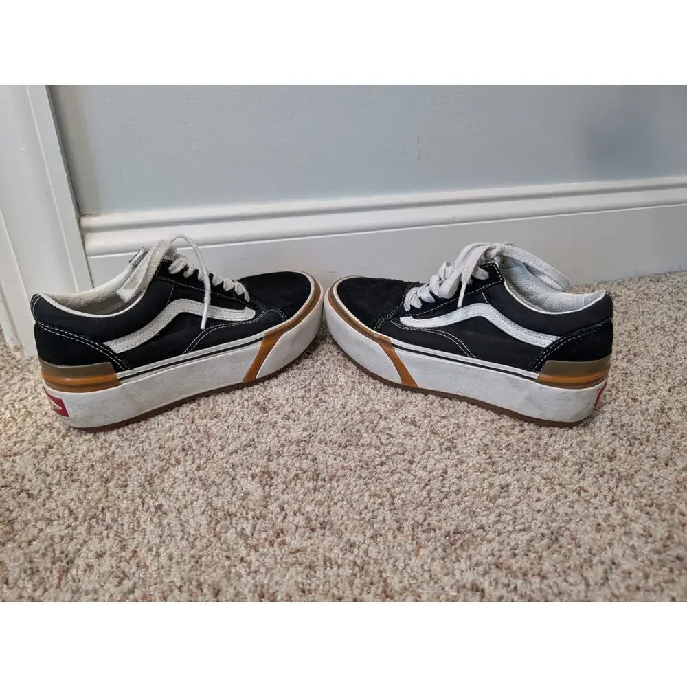 Vans Old Skool Stacked Black White Gum Sole Platform Shoes Mens 5.5 Womens 7